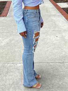 Quần jeans ống loe rách gối, chất liệu denim mài, đa năng dành cho nữ, phù hợp cho đi làm, đi nghỉ mát và hẹn hò. - Rửa trung bình - Xem 8