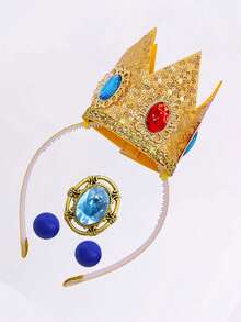 儿童生日派对头饰配件 - 公主皇冠头饰、徽章、耳环、角色扮演主题派对发饰、嘉年华头饰徽章耳环、儿童发饰 - 金色 - 查看 6