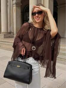 Yuyi Clothing 薄纱雪纺衬衫，荷叶边下摆和灯笼袖，休闲百搭，适合日常穿着，咖啡色，夏季款 - 咖啡棕 - 查看 2