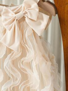 少女时尚休闲可爱网纱蝴蝶结装饰连衣裙 - 杏色 - 查看 5