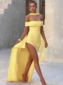 Women's Elegant Off Shoulder Maxi Dress, Draped Sleeveless High Split Evening Party Dress Wedding Spring - Yellow - View 3