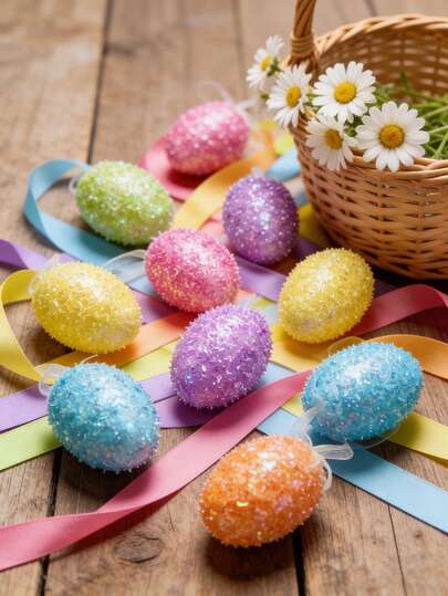 10个复活节闪光挂蛋，彩色金属丝复活节彩蛋装饰品，弹簧泡沫挂蛋装饰品，适用于复活节树、家居派对用品、DIY手工装饰