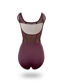 balletto Adult Gymnastics Leotard, High Cut Dancewear Tight Stretch Mesh Splice Fishbone Line Bodysuit For Women - Burgundy - View 2