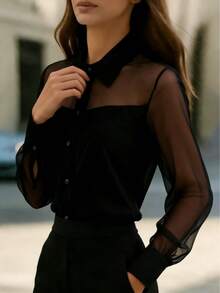 1pc Women's Elegant Mesh Patchwork Blouse, Suitable For Daily Outings, Commuting, Office Wear, And Airport Outfits Black Spring - Black - View 2