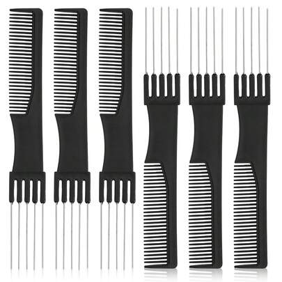 Salon Style Hair Combs Black 3/6 Packs Handmade Hair Pick Barber Comb Carbon Fiber Lift Teasing Comb With Stainless Steel Metal Prong
