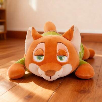 Miniso Zootopia Series Nick Lying Posture No.16 Plush Doll, Soft Short Plush Material, Zootopia Fox Shape, Leaf-Patterned Outfit Decoration, Suitable For Home Ornament/Cushion/Desktop Decor, Cute Moderate-Size Plush Doll(1 PC)