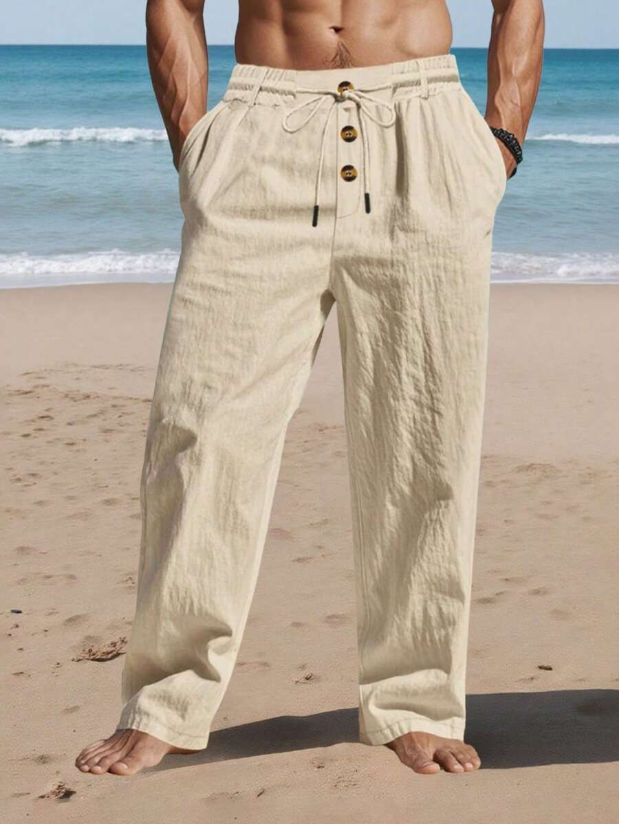 Pantalones casuales holgados de lino y algodón transpirable, diseño de botones falsos, cintura con cordón, corte - Caqui - Ver 1