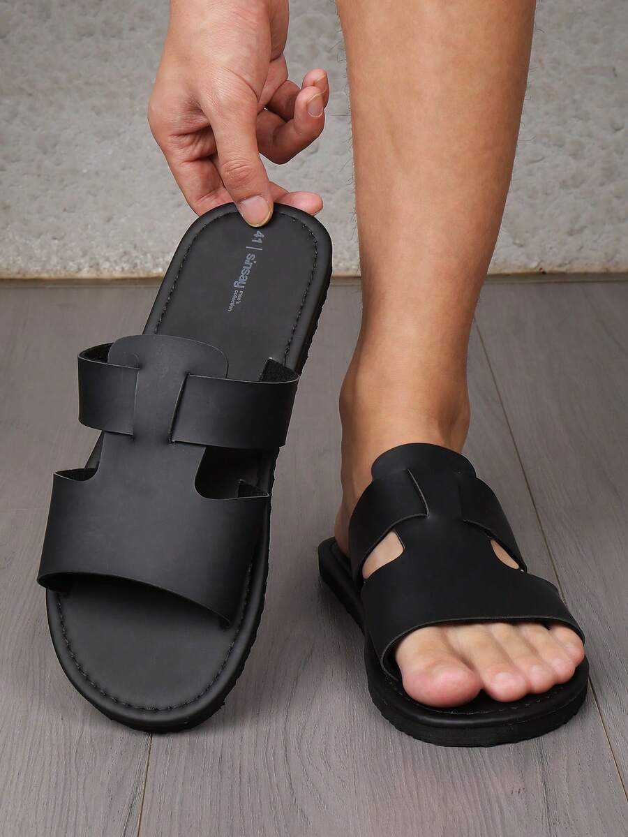 男士凉鞋，时尚舒适的室内/室外拖鞋，适合休闲海滩穿着和正式场合，经久耐用，耐磨损，清凉透气。 - 黑色 - 查看 1