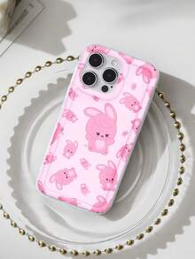 Estampado de conejitos rosas sobre fondo rosa. Esta elegante funda es compatible con los modelos  17, 16, 15, 14 Pro Max, 13, 12, 11, XR y XS Plus. Fabricada en silicona de vidrio, ofrece protección contra golpes y caídas, además de una sensación superior. Es un regalo ideal para familiares, amigos y seres queridos, y una opción perfecta para Año Nuevo. - transparente - Ver 3