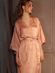 Jacquard Nightgown Women's Spring And Autumn Long Bathrobe Bath Skirt Ice Silk High-End Satin Loungewear Single Robe Can Be Worn Outside - HP16款-長袍 - 查看 4