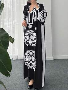 Spring/Summer Women's Arabic Dress,Nomadic Style Dress, Vintage Floral Print Dress With Tie Buttons And Slit, Maxi Dress,For Middle Eastern Style - Black - View 7