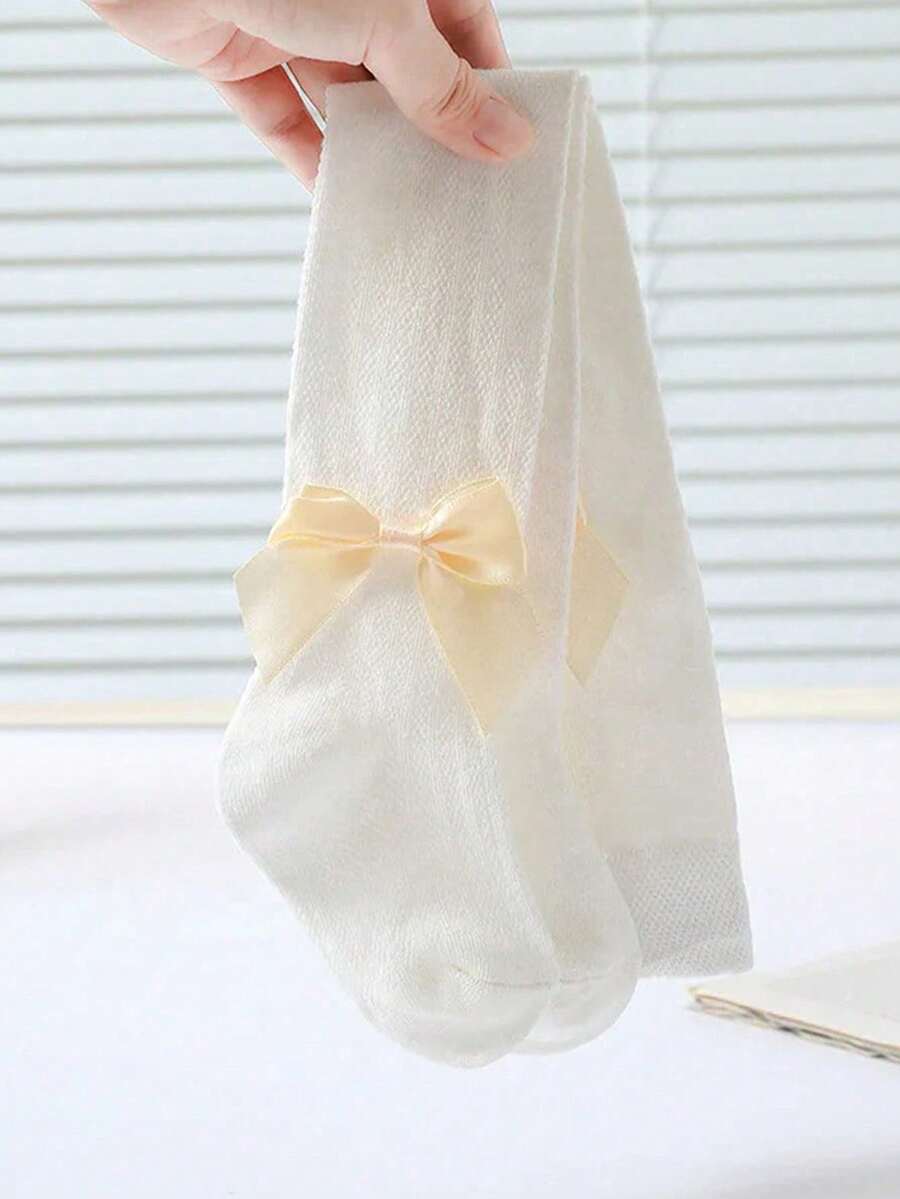 女童透气网眼蝴蝶结长筒袜，儿童薄款连裤袜，春夏款 - 彩色 - 查看 1