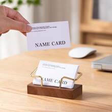 1pc Card Storage Business Card Holder, Simple Tabletop Shelf Beech Wood Cards Display Stand Walnut Wood Metal Wooden Card Holder, Home Office Supply - Multicolor - View 2
