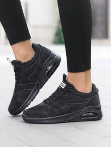 女士柔软缓震减震纯色圆头系带跑步鞋，透气四季休闲运动鞋，百搭学院风男女通用运动鞋 - 黑色 - 查看 6