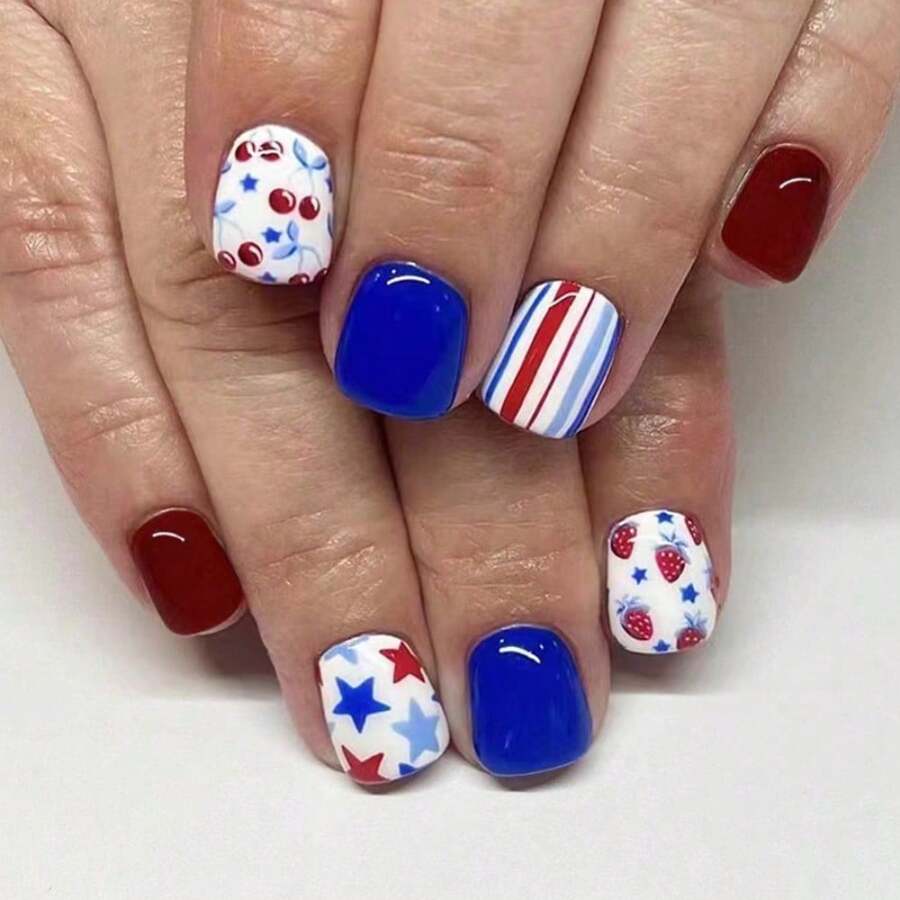 Short Red And Blue Strawberry Cherry Independence Day Nail Art With Five-Pointed Star Design, 24 Pieces - 1 - View 1