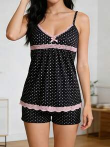 Women's Summer Pajamas Set Stylish Dot Print Lace Trim Camisole Tops With Shorts Lounge Wear 2 Pcs Set - 黑色 - 查看 3