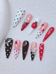 10片装Y2K尖头美甲贴片套装 - 手工制作，红色美甲贴片，黑色美甲贴片，黑红法式美甲贴片，手工3D瓢虫和3D花朵美甲贴片，3D瓢虫美甲贴片，手绘波点花卉图案美甲贴片，闪亮可爱瓢虫美甲贴片套装 - 彩色 - 查看 11