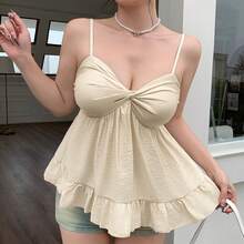 Apricot Sexy Front Twist Spaghetti Strap Ruffle Backless Loose Sweet Camisole, Made Of Textured Fabric, Casual, Office, Beach Vacation Wear, Young Fashion Spring/Summer New - Light Apricot - View 4