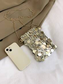 迷你亮片链条单肩包，个性纹理简约斜挎包，优雅手拿包，时尚亮片女士手机包，链条装饰可装手机和零钱，适合购物 - 金色 - 查看 9