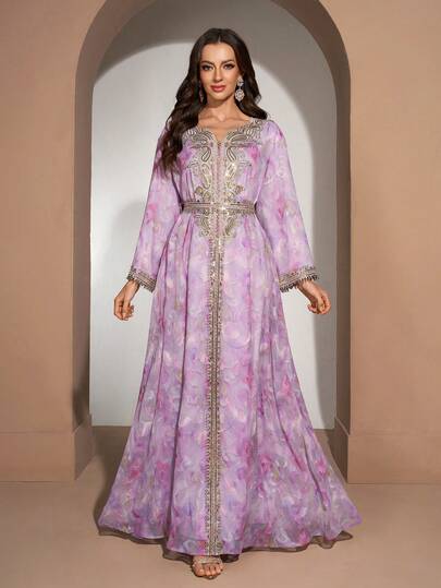 YISIKADO 女士优雅雪纺亮片V领长袖高腰正式连衣裙，适合婚礼、生日派对、毕业典礼、周年庆典、音乐会和其他场合。