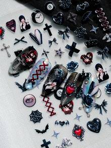 1 Sheet Gothic Punk Style Nail Art Stickers, Detailed And Atmospheric, Includes Classic Dark Symbols Such As Cross, Gem-Like Heart, Black Cat, Coffin, Eyeball, Bat, Spider, Skull Bottle, Gothic Girl, As Well As Retro Elements Like 8-Ball And Clock, Suitable For Personal DIY And Nail Salons