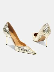 Einzigartige gewebte High Heel Design modische Spitze Zehen Sandalen für Frauen, vielseitig Sommer 2025 Neuankömmling, Stilettoabsätze - Gold - Übersicht 5