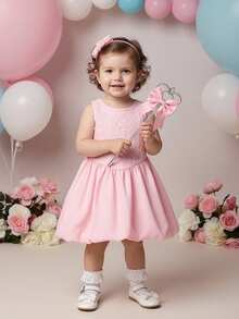 1pc Girls/Toddlers Pink Round Neck Jacquard Knit Patchwork A-Line Lantern Hem Dress, Sweet & Cute, Suitable For Spring/Summer, Festivals, Parties, Activities And Playtime - Pink - View 5