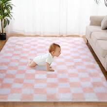 Alfombra de Área a Cuadros Blanco y Negro 5x7 Pies, Clásica de Pelo Alto Súper Suave, Antideslizante para Sala y Recámara - Rosado y blanco - Ver 3