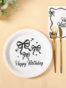 Black Bowknot Theme Party Tableware Set, Disposable Tableware For Bow Birthday Party Decoration,Newborn Baby Party Dining Table Decor,Baby Shower Decoration,Happy Birthday Party Supplies,Disposable Paper Plates,Paper Cups,Paper Napkins,Gender Reveal Decoration,Baby Shower Party Decoration - Black Bow - View 3