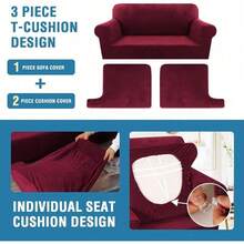 Trugenix-Sofa Cover 2 Piece T Cushion Armchair Slipcovers Velvet Couch Cover Furniture Protector Stretch T Cushion Sofa Covers For 1 Cushion Couch With 1 Individual T Cushion Covers, Deep Teal-GP - 酒紅色 - 查看 11