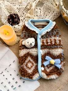 Cute Plush Dog Cat Vest Jacket With 3D Bear And Bow Tie - Pet Apparel, Suitable For Medium Small Dogs Cats, Soft And Warm Pet Clothing