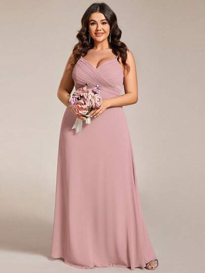 EVERPRETTY Elegant V-Neck Pleated Bust Pale Pink Bridesmaid Dress, Spring Long Dress