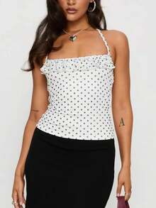 Womens Y2K Polka Dots Halter Tank Tops Layered Ruffle Halter Neck Spaghetti Strap Low Cut Slim Fit Vest Crop Tops Summer Sleeveless Backless Camisole Shirts Party Club Going Out Tops Streetwear - 白色 - 查看 2