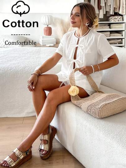 Conjunto de 2 piezas de blusa con lazo blanco bordado y pantalones cortos, nuevo estilo de moda casual para mujer primavera/verano 2026 para uso diario, oficina, viajes, vacaciones y talla grande