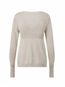Womens Knit Tops Fall Long Sleeve V Neck Solid Color Eyelet Slim Fit Pullover Sweater - Khaki - View 2