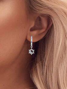 925 Sterling Silver Earrings, Fashion Earrings, Delicate Minimalist Earrings, Star & Moon Earrings, Cubic Zirconia Earrings, Hoop Earrings, Suitable For Daily Wear, Birthday Gift - Silver - View 2