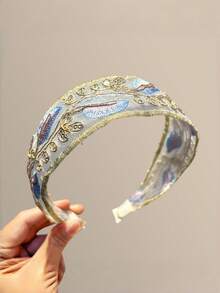 1pc Countryside Style Embroidered Leaf Wide Headband, Sweet & Versatile Mesh Breathable Hairband For Teens, Daily Use