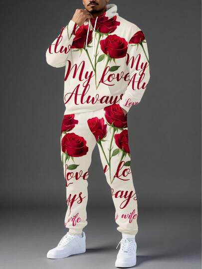 Men's Hooded Tracksuit - Street Style Fashion - Casual  |   3D Print Outfit With Red Roses My Love Always Love Typography Pattern, Crew Neck, Long Sleeve, Zipper Details - Perfect For Weekend Casual, Fall/Winter Season