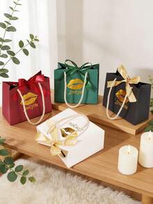 10个/1个/情人节带提手礼品袋，尺寸5.5 x 2.4 x 4.7英寸，唇形LOVE黑色迷你礼品袋，带蝴蝶结丝带，小型派对礼品袋，批量供应，适用于复活节、母亲节、情人节、送礼、婚礼等场合。 - 墨綠色-嘴唇款[手提] - 查看 7