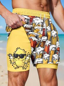 男士夏季度假风啤酒印花双层沙滩短裤 - 彩色 - 查看 1