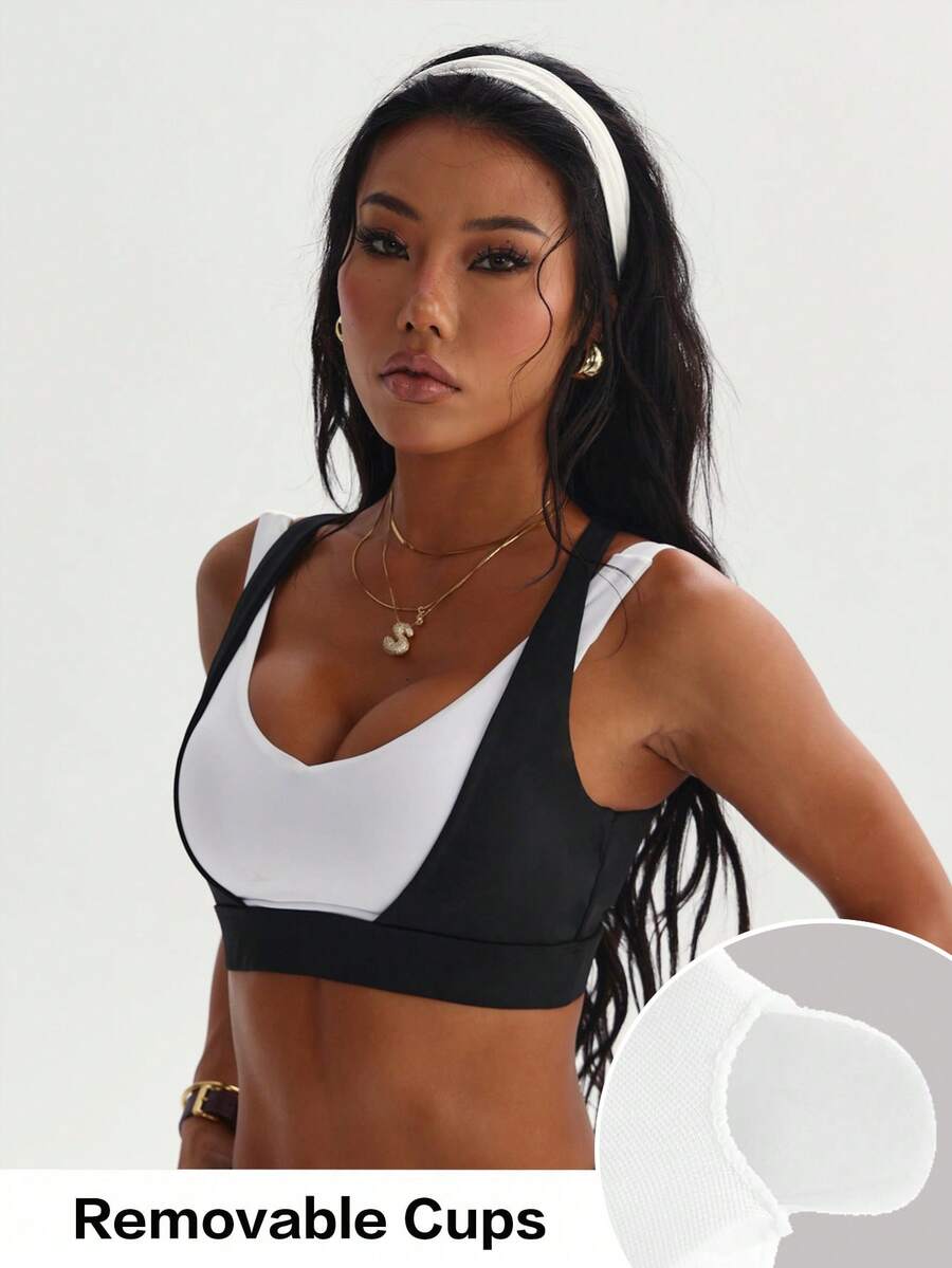 Women's Fashion Black & White Removable Padded Criss-Cross Back Sports Knit Bra - Black and White - View 1