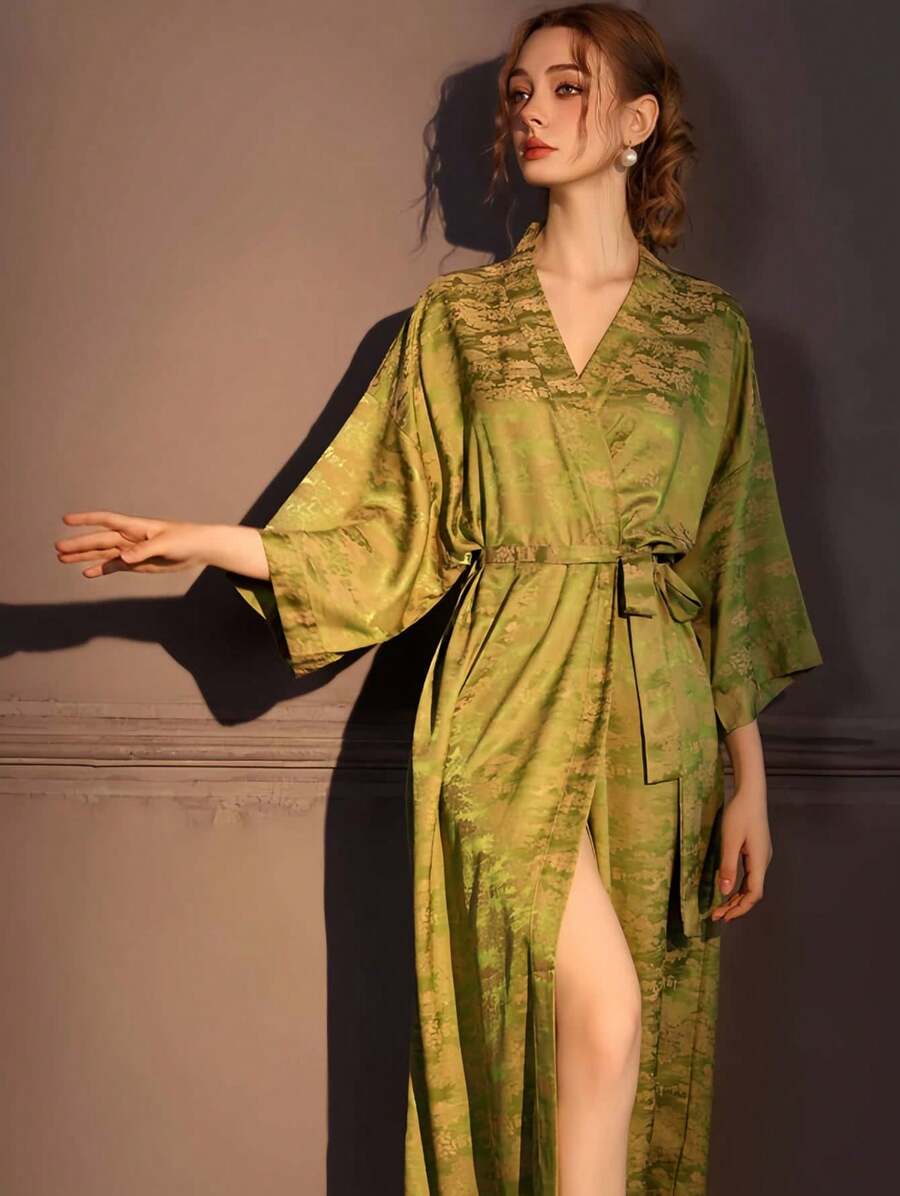 Jacquard Nightgown Women's Spring And Autumn Long Bathrobe Bath Skirt Ice Silk High-End Satin Loungewear Single Robe Can Be Worn Outside - HP14款-長袍 - 查看 1