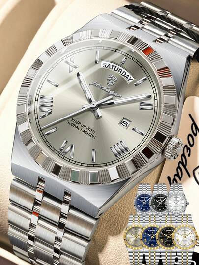 POEDAGAR 1pc Men's Stainless Steel Classic Business Week Date Quartz Watch For Men, Waterproof Luminous Man Wristwatch, Suitable For Work Occasion, Men Gift