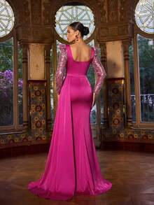 Faeriesty Rochie maxi elegantă pentru femei, cu mânecă lungă, guler inimă - Rochie asimetrică cu drapat lateral și crăpătură înaltă la tiv, material satinat cu mărgele strălucitoare și paiete, siluetă mulată, design la spate pătrat | Potrivită pentru petreceri de sărbători, Revelion, gale formale, nunți, ținute de vară pentru sărbători - Roz fierbinte - Vizualizare 3