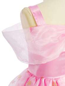 4pcs/Set Pink Princess Dress With Tulle Skirt, Gold Star Print Girl Princess Dress, Spaghetti Strap Off-Shoulder Dress, Suitable For Holiday Party, Celebration - Pink - View 4