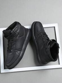 2026 Nuevos zapatos casuales para hombre, zapatillas altas clásicas retro, zapatos casuales de cordones de cuero, zapatos con suela gruesa elevadora, suelas suaves y cómodas, transpirables y ligeras, versátiles y de moda para el uso diario - Negro - Ver 2