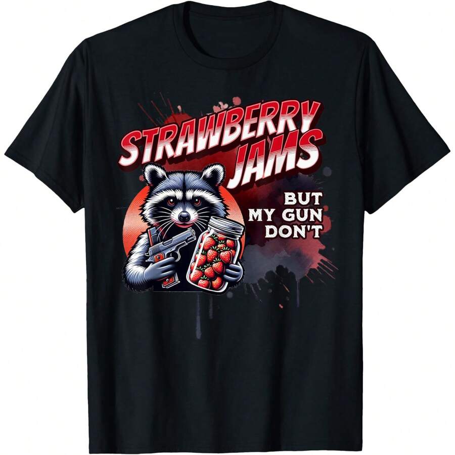 Strawberry Jams But My Gun Don't - Racoon T-Shirt - màu đen - Xem 1