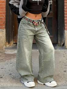 Quần jeans nữ ống rộng cạp cao phong cách retro - Quần thường ngày kiểu đường phố. - màu xanh lá - Xem 5