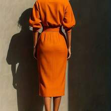 Elegant Orange Women's Mid-Sleeve Top And Midi Skirt Set By ZLLZ - Quýt - Xem 3