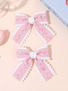 2pcs Flower Embroidery Hair Bows For Girls Pastel Pink Blue Green Embroidery Flower Bow Hair Clips Cute Pom-Pom Trim Bow Alligator Clips Girls Daily Wedding Party Barrettes Baby Hair Accessories - Multicolor - View 4